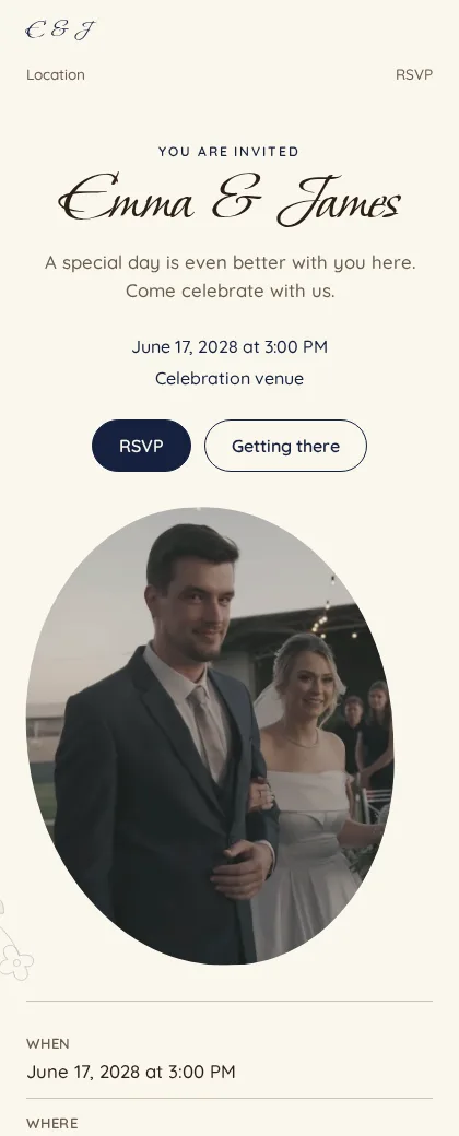 Example weddings invitation in the Illustrated style, rendered by Planne