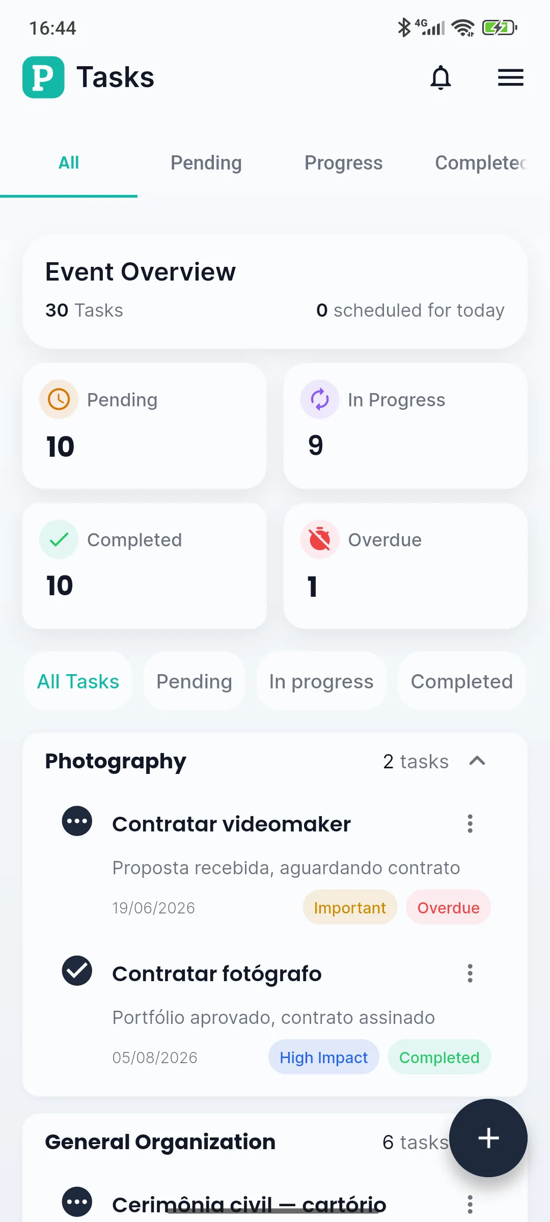 Planne screen showing event tasks and deadlines