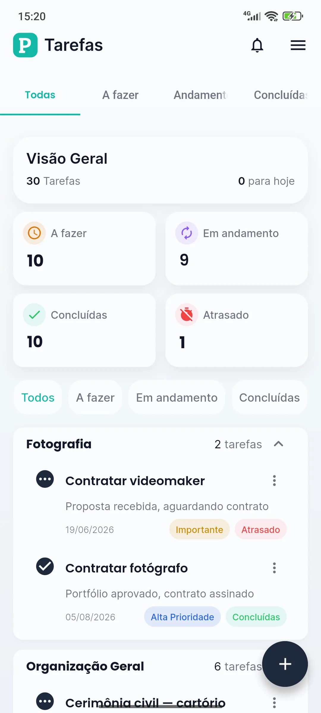 Tela da Planne com as tarefas e os prazos do evento